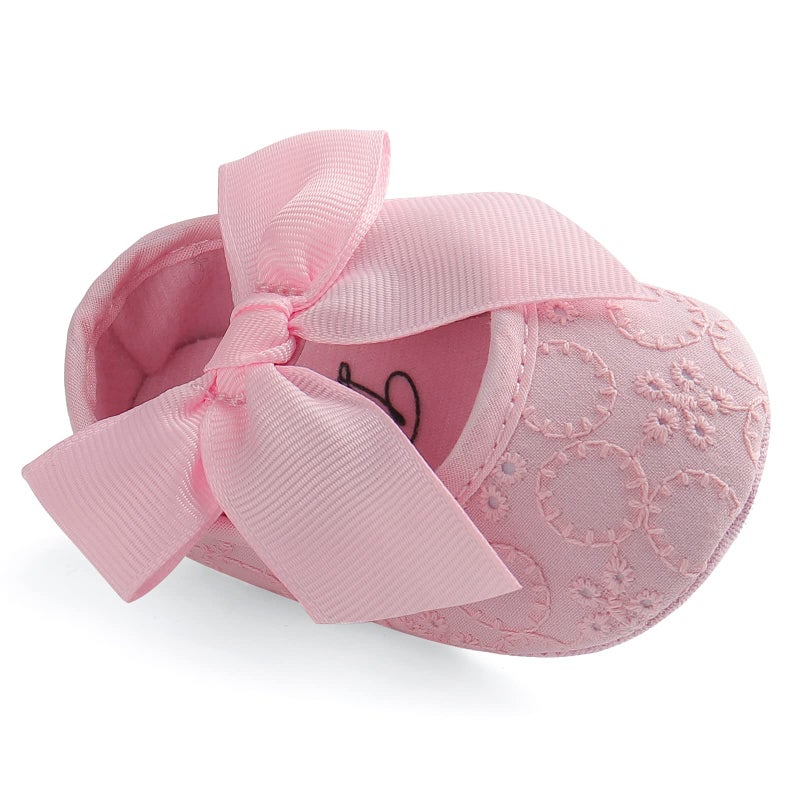 Estamico Baby Girls Princess Bowknot Soft Sole Cloth Crib Shoes Sneaker Pink, 6-12 Months - Image 1